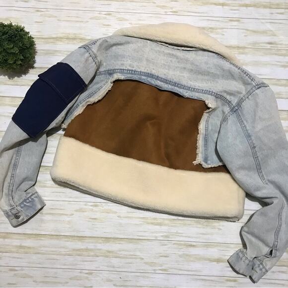 Bida EUC Faux Sherpa Faux Suede Patchwork Denim Jean Jacket Coat Size Large - Picture 2 of 6